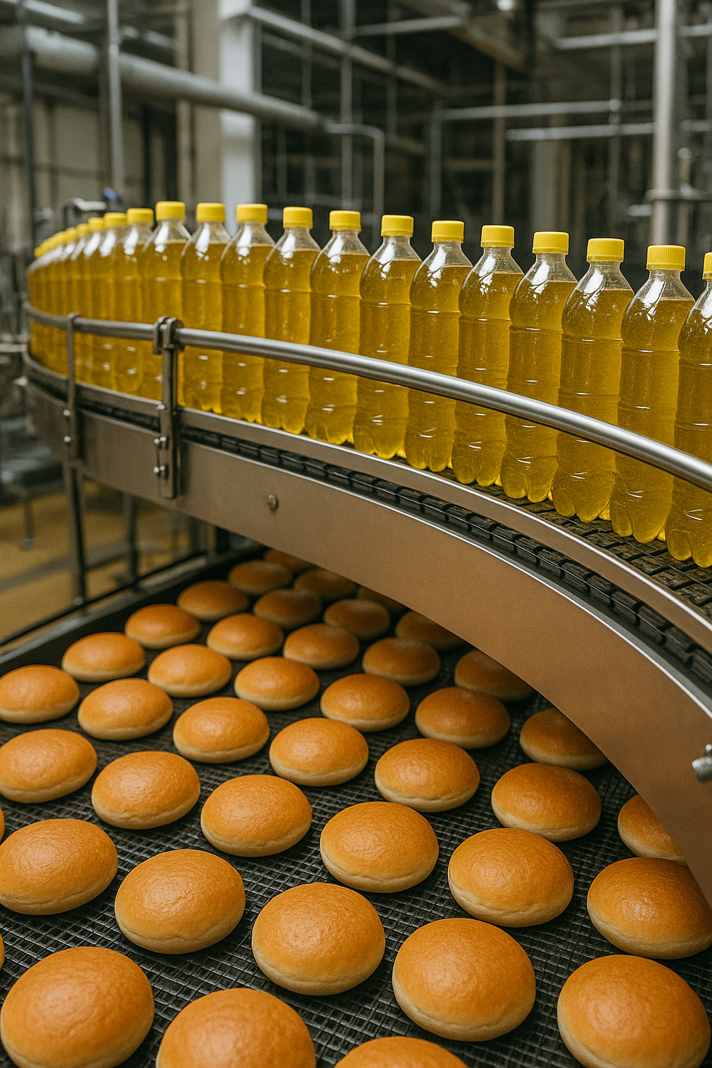 Gıda ve içecek üretim hattında şişelenmiş içecekler ve ekmek üretimi – Messan Kraft gıda sektörü ambalaj ve kaymaz kağıt çözümleri