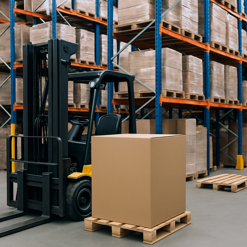 Depolama alanında forklift ve paletli kutular – Messan Kraft lojistik ve depolama için kaymaz palet kağıdı ve ambalaj çözümleri