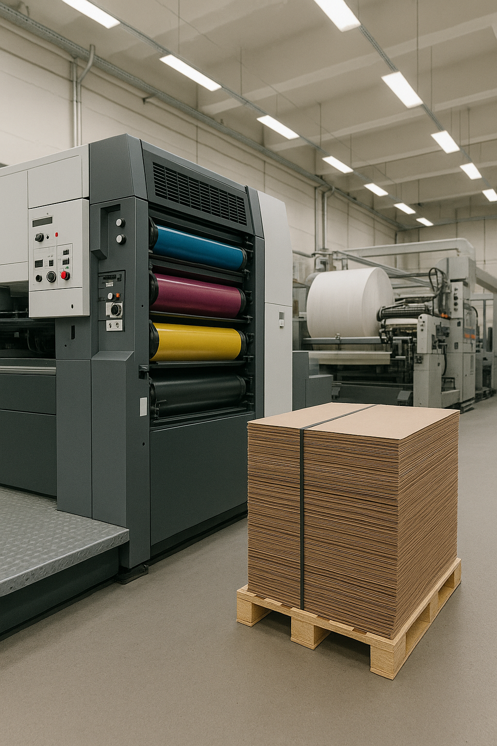 Matbaa baskı makineleri ve palet üzerinde istiflenmiş kraft ambalaj kağıdı – Messan Kraft matbaa ve ambalaj çözümleri