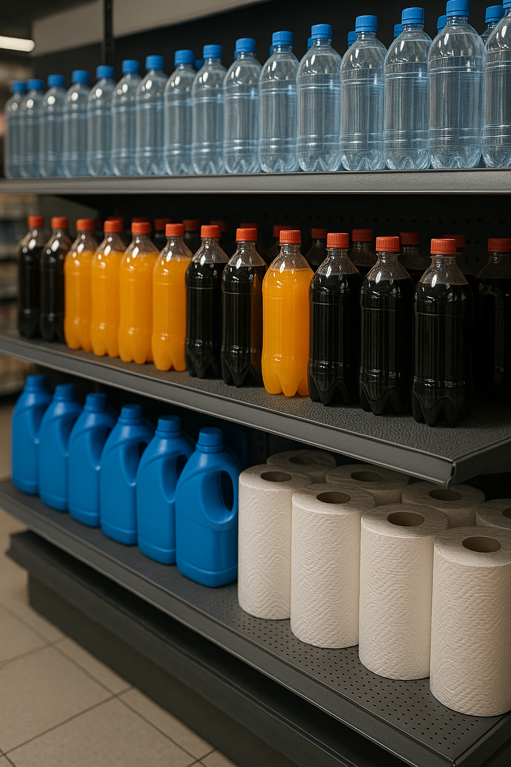Market raflarında içecek, deterjan ve temizlik ürünleri – perakende sektöründe kullanılan ambalaj kağıdı ve kaymaz çözümler için örnek raf düzeni