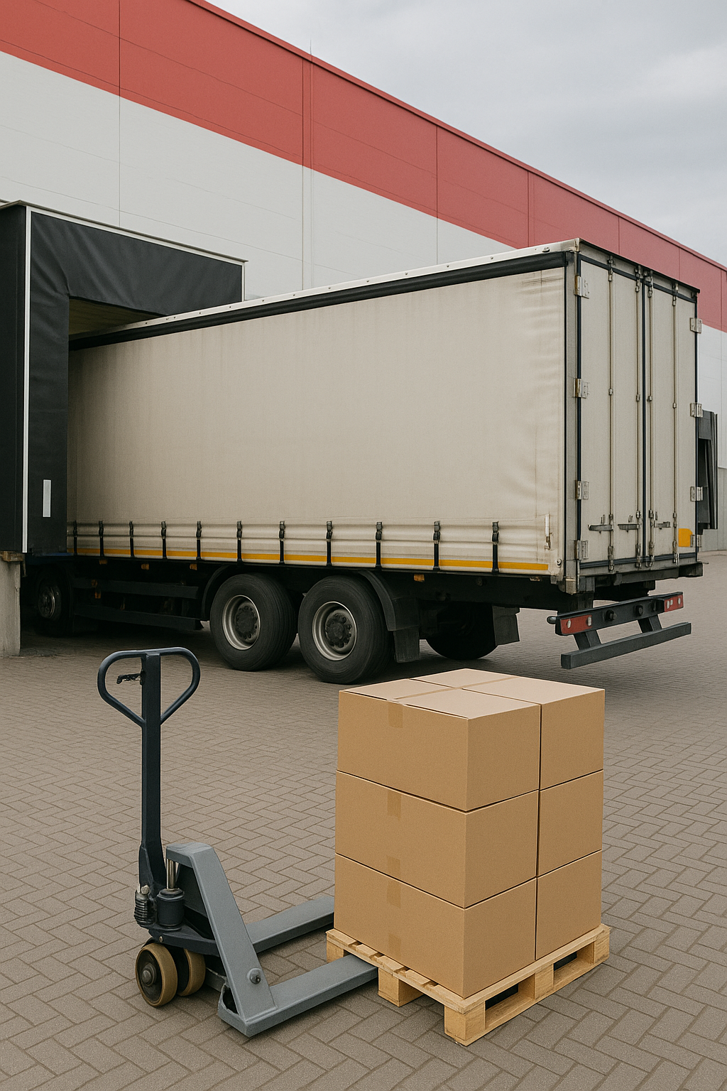 Taşımacılık ve dağıtım sürecinde paletli kutular, manuel transpalet ve yükleme yapan kamyon – Messan Kraft kaymaz palet kağıdı lojistik çözümleri