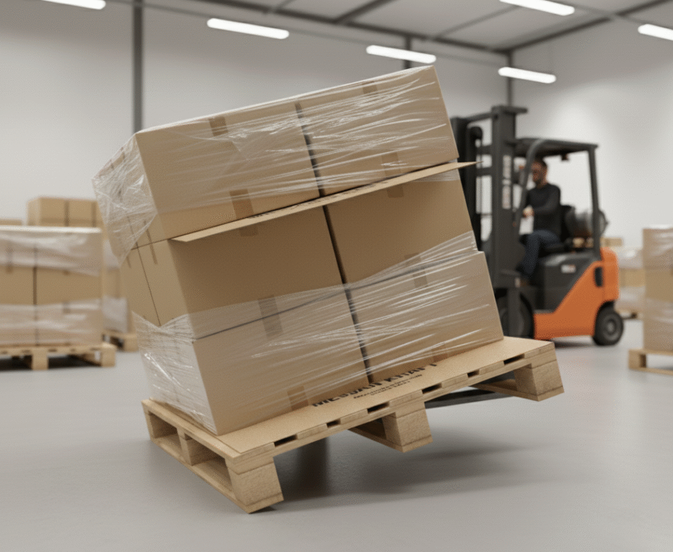 Kaymaz palet arası kağıdı kullanılmadığı için devrilme riski taşıyan paletli yük – Messan Kraft palet ara kağıdı