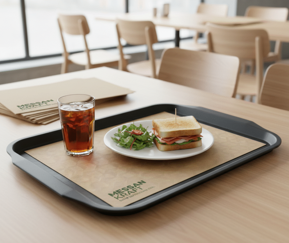 Messan Kraft kaymaz tepsi kağıdı üzerinde servis edilmiş sandviç ve içecek – anti slip tepsi kağıdı