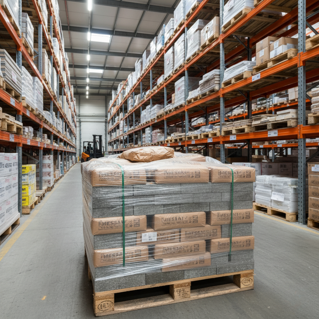 İnşaat ve yapı malzemelerinin depoda kaymaz palet arası kağıdı ile güvenli şekilde istiflenmesi – Messan Kraft anti-slip palet kağıdı