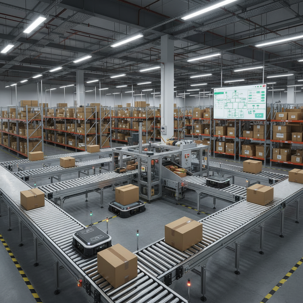 Lojistik ve depolama sektöründe otomatik konveyör hattında taşınan koliler ve kaymaz palet kağıdı ile güvenli yükleme – Messan Kraft lojistik çözümleri