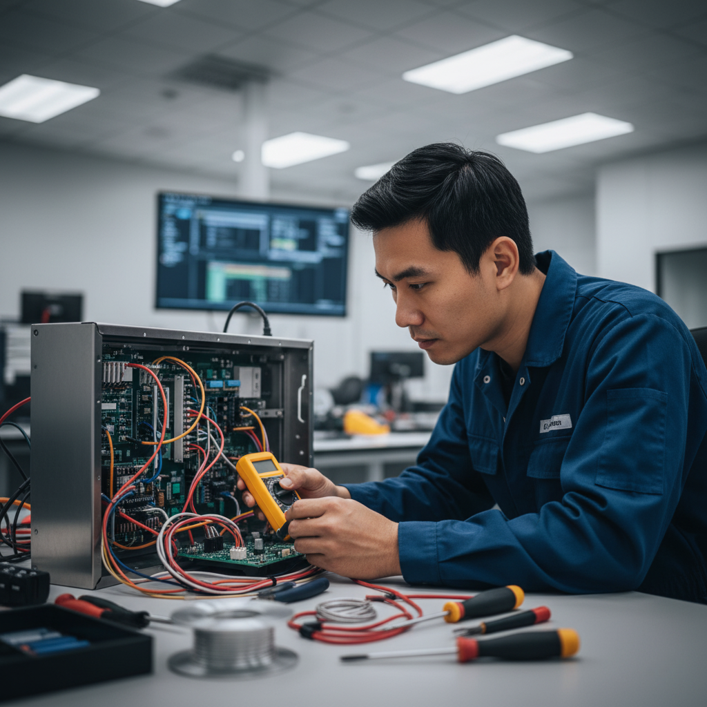 Messan Otomasyon teknik servis ekibinin elektrik panosu üzerinde ölçüm ve arıza tespit işlemi yapması