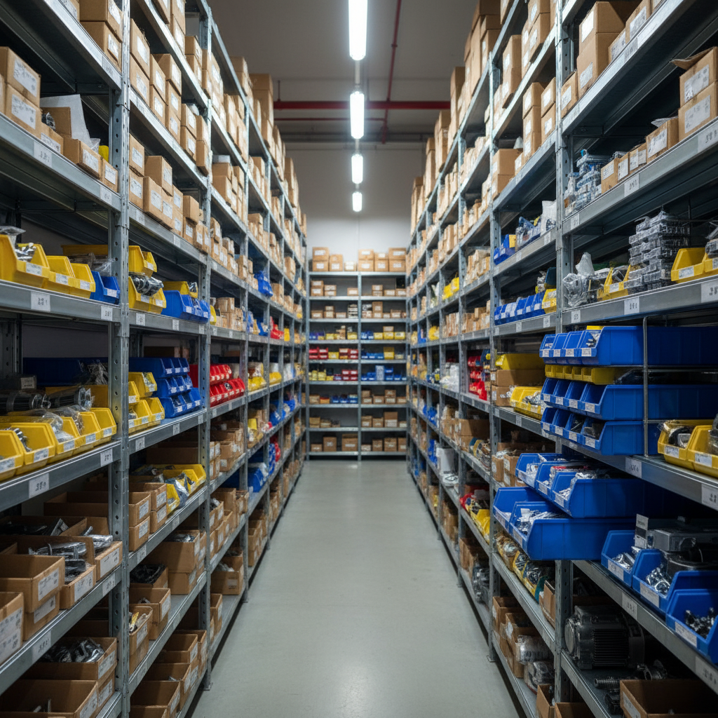 Messan Otomasyon yedek parça deposunda endüstriyel otomasyon malzemeleri, elektrik komponentleri ve pano ekipmanlarının raflı depolama sistemi”