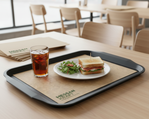 Messan Kraft kaymaz tepsi kağıdı üzerinde servis edilmiş sandviç ve içecek – anti slip tepsi kağıdı