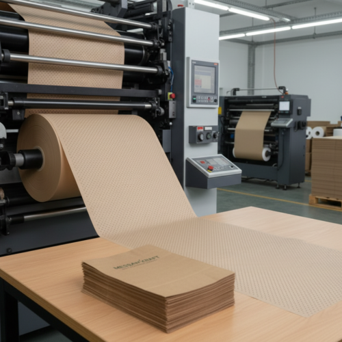 Messan Kraft kaymaz palet arası kağıdı üretim hattında kraft rulo baskı ve kesim işlemi
