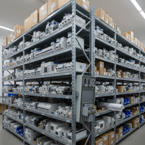 Messan Otomasyon deposunda endüstriyel otomasyon malzemeleri, elektrik ekipmanları ve pano bileşenlerinin raflı stok sistemi